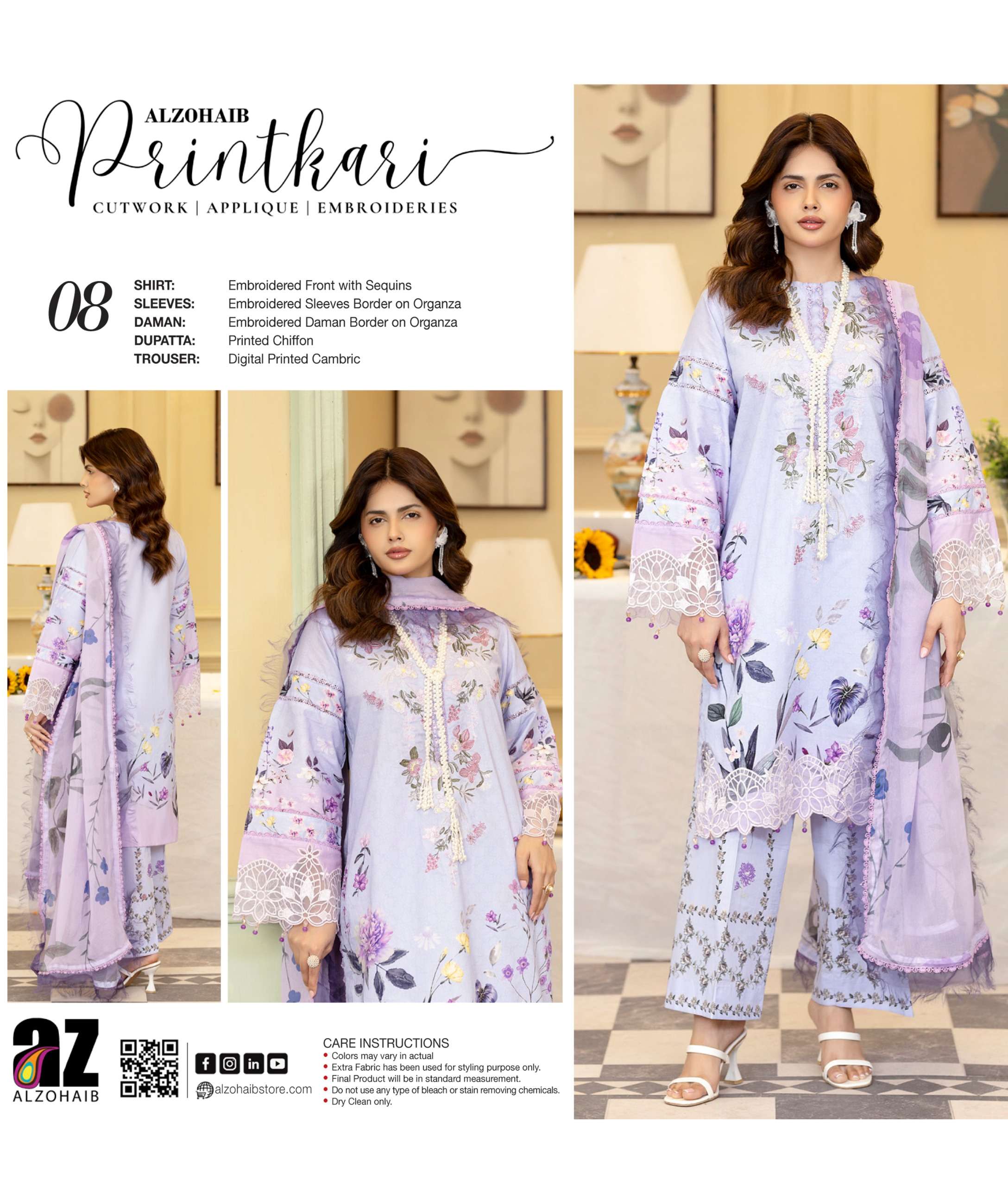 ZOHAIB TEXTILES SUNSHINE PRINTKARI EDITION EMBROIDERED SHIRT TYPE PAKISTANI SUIT EXPORTER